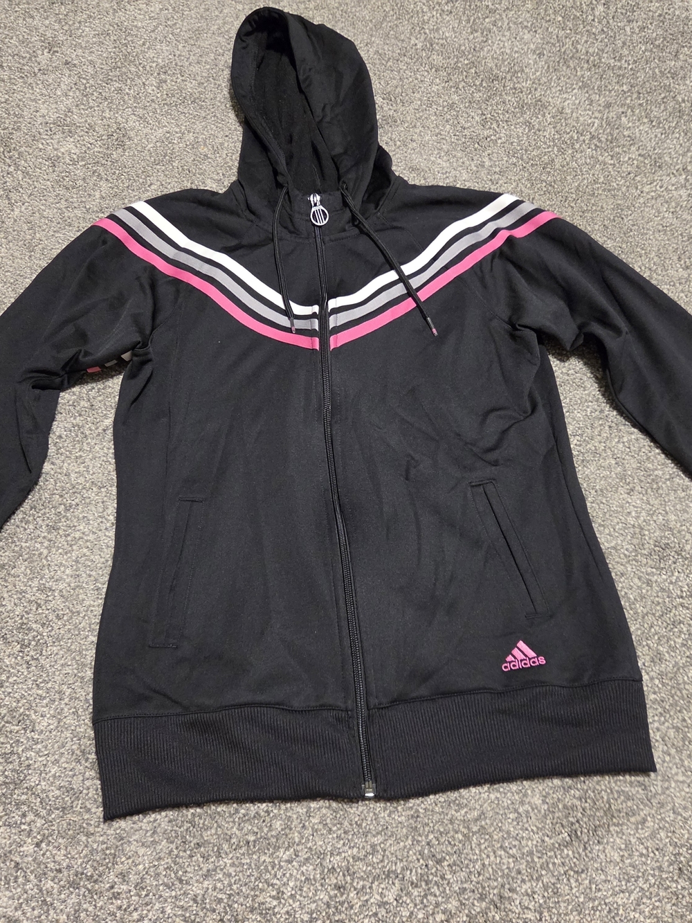 adidas Women's Black Hooded Track Jacket with Pink & White Chevron
